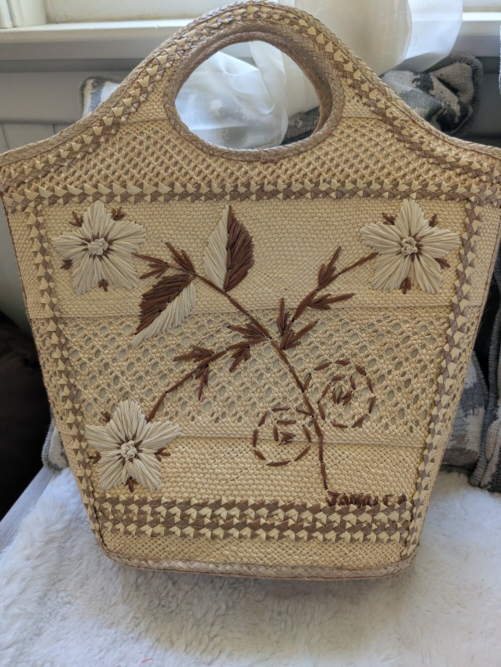 Handwoven Floral Straw Tote Bag in Natural and Brown